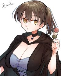 Rule 34 | 1girl, black choker, black dress, breasts, brown hair, choker, cleavage, collarbone, commentary request, dango, dress, food, hair between eyes, halloween costume, highres, holding, holding food, jewelry, kaga (kancolle), kantai collection, large breasts, long hair, long sleeves, looking at viewer, matsunaga (haku), pendant, sanshoku dango, side ponytail, simple background, solo, translation request, twitter username, upper body, wagashi, white background, wide sleeves, yellow eyes