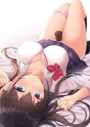 Rule 34 | 1girl, bad id, bad pixiv id, bed sheet, between legs, black skirt, black socks, blue eyes, blush, bow, bowtie, breasts, brown hair, candy, chocolate, chocolate heart, cleavage, closed mouth, clothes lift, commentary request, food, heart, hicha nomu, highres, kneehighs, knees up, large breasts, long hair, long sleeves, looking at viewer, lying, melting, miniskirt, on back, panties, panties around leg, pink panties, plaid, plaid skirt, red bow, red bowtie, school uniform, shirt, simple background, skirt, skirt lift, sleeveless, smile, socks, solo, underwear, valentine, white background, white shirt
