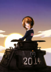 Rule 34 | 10s, 1girl, absurdres, brown eyes, brown hair, girls und panzer, headphones, highres, military, military vehicle, motor vehicle, nishizumi miho, official art, panzer iv, panzer iv, short hair, solo, sunset, tank, throat microphone