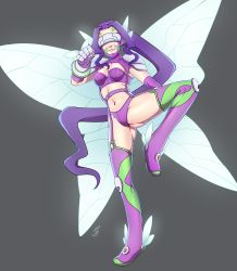 Rule 34 | 1girl, absurdres, ass, bikini, boots, bra, breasts, butterfly hair ornament, butterfly wing, butterfly wings gauntlets, digimon, digimon (creature), digimon frontier, facial mark, fairimon, fairy, fighting stance, garter belt, garter straps, gauntlets, gloves, gluteal fold, hair ornament, hairband, head wings, highres, leg up, long boots, long hair, looking at viewer, mask, medium breasts, navel, panties, purple bikini, purple bra, purple hair, purple panties, shoulder pads, solo, swimsuit, thighhighs, underwear, very long hair, visor (armor), wings