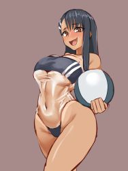 Rule 34 | 1girl, 9is, absurdres, alternate breast size, ball, beachball, black hair, breasts, brown background, brown eyes, cleavage, commentary request, covered navel, curvy, dark-skinned female, dark skin, fang, gris swimsuit, hair ornament, hairclip, highleg, highleg swimsuit, highres, ijiranaide nagatoro-san, large breasts, long hair, meme, meme attire, nagatoro hayase, one-piece swimsuit, one-piece tan, see-through, see-through one-piece swimsuit, shiny skin, simple background, skin fang, standing, swimsuit, tan, tanline, underboob, wide hips