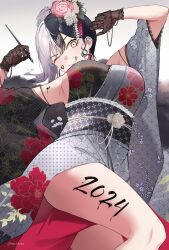Rule 34 | 1girl, 2024, ;q, armpits, black hair, body writing, breasts, calligraphy brush, detached sleeves, earrings, flower, gloves, grey hair, hair between eyes, hair flower, hair ornament, highres, hololive, hololive english, japanese clothes, jewelry, kimono, large breasts, multicolored hair, mush (mushlicious), obi, one eye closed, paintbrush, sash, shiori novella, shiori novella (new year), solo, split-color hair, tongue, tongue out, virtual youtuber, yellow eyes