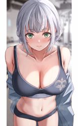 Rule 34 | 1girl, breasts, breath, cleavage, closed mouth, clothes down, collarbone, dodon gadon, green eyes, highres, hololive, jacket, large breasts, looking at viewer, navel, shadow, shirogane noel, short hair, silver hair, solo, sports bikini, sports bra, sportswear, swimsuit, unworn jacket, virtual youtuber