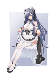 Rule 34 | 1girl, absurdres, apron, august von parseval (azur lane), august von parseval (the conquered unhulde) (azur lane), azur lane, black dress, black footwear, breasts, center opening, curled horns, dress, full body, high heels, highres, horns, lace, lace-trimmed legwear, lace trim, large breasts, long dress, long hair, maid, mechanical horns, official alternate costume, one eye covered, ping zhong yu, purple background, purple eyes, purple hair, simple background, sitting, sleeveless, sleeveless dress, solo, thighhighs, two-tone background, two-tone dress, very long hair, white apron, white background, white dress, white thighhighs