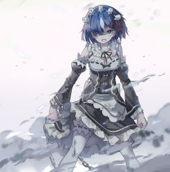 Rule 34 | &gt;:o, 10s, 1girl, :o, angry, apron, arms at sides, black dress, black ribbon, blood, blood on clothes, blood stain, blue eyes, blue hair, breasts, chain, cleavage, commentary request, cowboy shot, detached sleeves, dress, eyes visible through hair, frilled dress, frilled sleeves, frills, hair ornament, hair over one eye, hair ribbon, highres, horns, huanxiang huifeng, long sleeves, looking at viewer, maid, maid headdress, medium breasts, pink ribbon, re:zero kara hajimeru isekai seikatsu, rem (re:zero), revision, ribbon, ribbon-trimmed clothes, ribbon trim, short hair, single horn, solo, spoilers, thighhighs, underbust, v-shaped eyebrows, waist apron, white thighhighs, x hair ornament