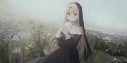 Rule 34 | 1girl, bare tree, black dress, blush, brown eyes, brown hair, chihuri, closed mouth, commentary request, dress, dutch angle, field, flower, flower field, fog, gloves, habit, highres, interlocked fingers, long hair, long sleeves, nijisanji, nun, outdoors, purple flower, ribbon, sister claire, sister claire (1st costume), smile, solo, traditional nun, tree, veil, very long hair, virtual youtuber, white gloves, white ribbon