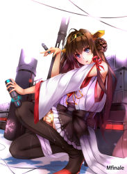 Rule 34 | 10s, 1girl, bad id, bad pixiv id, bare shoulders, black footwear, black thighhighs, blue eyes, boots, bow, brown hair, detached sleeves, hair bun, hair ornament, high heel boots, high heels, highres, japanese clothes, kantai collection, kneeling, kongou (kancolle), long hair, looking at viewer, mfinale, miko, miniskirt, nontraditional miko, parted lips, single hair bun, skirt, solo, thigh boots, thighhighs, wide sleeves, zettai ryouiki