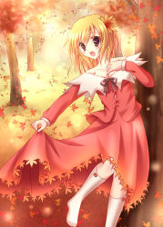 Rule 34 | 1girl, adapted costume, aki shizuha, autumn, bad id, bad pixiv id, bare shoulders, blonde hair, blouse, breasts, cleavage, collarbone, female focus, forest, hair ornament, hand on own chest, highres, kneehighs, leaf, leaf hair ornament, light particles, long sleeves, maple leaf, medium breasts, nature, no shoes, open mouth, red eyes, ribbon, shirt, short hair, skirt, skirt hold, socks, solo, touhou, tree, white socks, zhou yu (ppaaqz1995)
