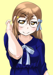 Rule 34 | 1girl, artist name, artist request, blue butterfly, blue dress, blush, bow, brown hair, bug, butterfly, collarbone, dress, female focus, glasses, hair bow, insect, kunikida hanamaru, light brown hair, long hair, looking at viewer, love live!, love live! school idol festival, love live! sunshine!!, parted lips, producer946, smile, solo, striped, striped bow, white bow, yellow background, yellow eyes
