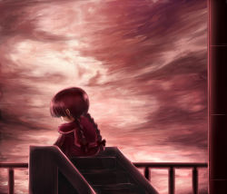 Rule 34 | 1girl, braid, female focus, from behind, madotsuki, outdoors, red hair, shimo (depthbomb), sitting, sky, solo, spoilers, stairs, twin braids, yume nikki