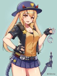 Rule 34 | 1girl, :d, ammunition belt, belt, black gloves, black jacket, black shirt, blonde hair, blue background, blue hat, blue skirt, breasts, buttons, cleavage, collarbone, collared shirt, commentary, cowboy shot, cuffs, dress shirt, emblem, fingerless gloves, girls&#039; frontline, gloves, hand on own hip, handcuffs, hat, highres, holding, holding handcuffs, horns, horns through headwear, jacket, long hair, looking at viewer, m870 (girls&#039; frontline), manme, mechanical tail, medium breasts, miniskirt, open clothes, open jacket, open mouth, orange shirt, pleated skirt, shirt, short sleeves, sidelocks, simple background, skirt, smile, solo, standing, star (symbol), tail, teeth, thighs, twintails, twitter username, undershirt, yellow eyes