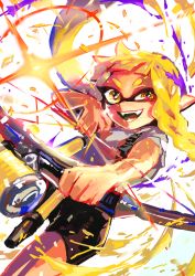 Rule 34 | 1girl, :d, absurdres, asymmetrical hair, bike shorts, blonde hair, blunt bangs, bow (weapon), braid, colored tongue, colorful, fangs, floating hair, grey shirt, highres, holding, holding bow (weapon), holding weapon, inkling, inkling girl, inkling player character, looking at viewer, milkma2, nintendo, open mouth, paint, pointy ears, shirt, short sleeves, simple background, single braid, single vertical stripe, smile, solo, splatoon (series), splatoon 3, t-shirt, teeth, tentacle hair, uneven eyes, weapon, white background, yellow eyes, yellow tongue