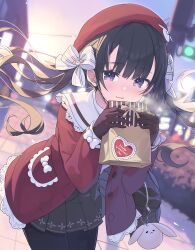 Rule 34 | 1girl, bag, beret, black gloves, black hair, black skirt, blurry, blurry background, blush, bow, breath, commentary request, depth of field, floating hair, gift bag, gloves, hair between eyes, hair bow, hands up, happy valentine, hat, heart, highres, holding, holding bag, jacket, leaning forward, long hair, long sleeves, looking at viewer, open clothes, open jacket, original, outdoors, paper bag, parted lips, pleated skirt, puffy long sleeves, puffy sleeves, purple eyes, red hat, red jacket, school bag, school uniform, shirt, skirt, smile, solo, striped, striped bow, sunset, tam-u, traffic light, twintails, valentine, very long hair, white bow, white shirt