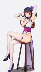 Rule 34 | 1girl, armpits, arms behind back, arms up, bad id, bad pixiv id, bare shoulders, black footwear, black hair, breasts, brown hair, chair, china dress, chinese clothes, cleavage, commentary request, crossed legs, dress, elbow gloves, full body, gloves, gongba laoge, gradient hair, groin, hair ribbon, high heels, highres, large breasts, long hair, looking at viewer, multicolored hair, original, panties, parted lips, purple eyes, purple ribbon, ribbon, shadow, side-tie panties, sidelocks, simple background, sitting, skindentation, sleeveless, sleeveless dress, solo, thighhighs, underwear, white gloves, white thighhighs