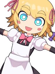 Rule 34 | 1girl, apron, black dress, black gloves, blonde hair, blush, blush stickers, bow, bowtie, braid, bright pupils, collared shirt, commentary request, cookie (touhou), cowboy shot, dress, elbow gloves, flat chest, gloves, hair bow, hair ribbon, hospital king, kirisame marisa, looking at viewer, medium bangs, meguru (cookie), outstretched arms, pinafore dress, pink bow, pink bowtie, pink ribbon, puffy sleeves, purple bow, ribbon, shirt, short hair, side braid, simple background, single braid, sleeveless, sleeveless dress, smile, solo, spread arms, thick eyebrows, touhou, white apron, white background, white pupils, white shirt