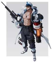 Rule 34 | 1boy, abs, absurdres, bare pectorals, beard, bird, black pants, border, coat, facial hair, full body, gloves, glowing, grey background, gun, h&amp;k psg1, hat, highres, holding, holding gun, holding weapon, jewelry, large pectorals, male focus, muscular, muscular male, navel, necklace, nipples, open clothes, open coat, original, pants, pectorals, penguin, rifle, rinotuna, scar, scar on chest, simple background, sniper rifle, solo, standing, weapon, white border, white eyes, white gloves, white hat