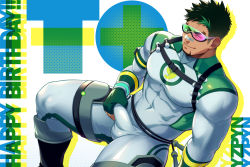 Rule 34 | 1boy, bandaid, bandaid on face, bandaid on nose, bara, black hair, bodysuit, bulge, covered abs, covered navel, crotch grab, dark-skinned male, dark skin, erection, erection under clothes, facial hair, feet out of frame, goatee, green hair, grey bodysuit, happy birthday, highres, kyoichi (live a hero), large pectorals, live a hero, male focus, mature male, multicolored hair, muscular, muscular male, one eye closed, paid reward available, pectorals, paid reward available, short hair, sideburns, sitting, solo, streaked hair, stubble, thick thighs, thighs, two-tone hair, yzpyn