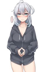 Rule 34 | ..., 1girl, alternate costume, aqua eyes, blush, breasts, closed mouth, collarbone, commentary request, grey jacket, hair between eyes, hood, hood down, hooded jacket, jacket, kantai collection, kiritto, large breasts, long hair, long sleeves, looking at viewer, one side up, simple background, solo, spoken ellipsis, steepled fingers, suzutsuki (kancolle), sweat, white background