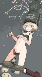 Rule 34 | 1girl, bare shoulders, blonde hair, blue eyes, blush, boots, clothes pull, clothes writing, confetti, cosplay, erica hartmann, explosive, german text, grenade, hand grenade, looking at viewer, maebari, navel, open mouth, personification, potato, shimada fumikane, short hair, shorts, shorts pull, sketch, solo, stick grenade, stielhandgranate, strike witches, torn clothes, translated, what, world witches series
