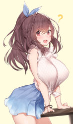 Rule 34 | 1girl, ?, blue bow, blue skirt, blush, bow, bracelet, breasts, brown eyes, brown hair, commentary request, hair bow, highres, hip focus, idolmaster, idolmaster shiny colors, jewelry, large breasts, long hair, looking at viewer, open mouth, ponytail, shirt, simple background, skirt, smile, solo, table, thighs, tied shirt, tsukioka kogane, yaman