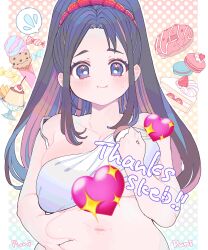 Rule 34 | 1girl, amezawa koma, bare shoulders, belly, belly grab, black hair, blue eyes, blush, breasts, colored inner hair, commentary request, commission, emoji, forehead, hair ornament, hair scrunchie, highres, large breasts, long hair, looking at viewer, multicolored hair, navel, original, plump, polka dot, polka dot background, scrunchie, sidelocks, skeb commission, solo, straight hair, sweatdrop, upper body