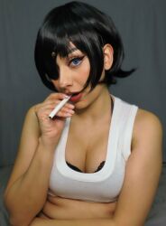 Rule 34 | 1girl, bare shoulders, bed, black bra, black hair, blue eyes, bra, breasts, chainsaw man, cigarette, cleavage, cosplay, eyepatch, female focus, highres, himeno (chainsaw man), himeno (chainsaw man) (cosplay), indoors, looking at viewer, medium breasts, mexican (nationality), open mouth, photo (medium), plump, short hair, solo, taliverse, underwear, upper body