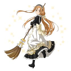 Rule 34 | 1girl, apron, asuna (sao), black footwear, black shirt, black skirt, boots, bow, broom, brown eyes, brown hair, closed mouth, floating hair, from behind, full body, gloves, hair bow, high heel boots, high heels, highres, holding, holding broom, layered skirt, long hair, long skirt, long sleeves, looking at viewer, looking back, maid headdress, official art, ribbon, shirt, sidelocks, skirt, smile, solo, standing, standing on one leg, sword art online, transparent background, twintails, very long hair, white apron, white gloves, yellow bow, yellow ribbon