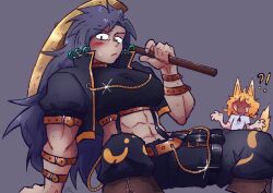 Rule 34 | !, 2girls, ?, abs, animal ears, belt, black shirt, blonde hair, blue hair, blush, boots, breasts, chain, commission, fox ears, fox girl, fox tail, frown, gold chain, highres, himemushi momoyo, holding, holding pickaxe, jewelry, kudamaki tsukasa, long hair, looking at another, looking at viewer, multiple girls, open mouth, otaeriaaoba, pants, pickaxe, romper, shin strap, shirt, short hair, short sleeves, simple background, sweatdrop, tail, tools, touhou, white romper