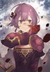 Rule 34 | 1girl, arm up, armor, arrow (projectile), bad id, bad twitter id, bernadetta von varley, black bow, black eyes, blood, blood on clothes, bow, breasts, brown gloves, cleavage, cleavage cutout, closed mouth, clothing cutout, cloud, cloudy sky, debris, dirty, dirty face, dress, earrings, fire emblem, fire emblem: three houses, gloves, hair bow, highres, jewelry, long sleeves, looking at viewer, nintendo, outdoors, pauldrons, purple dress, purple hair, quiver, same tea7194, serious, short hair, shoulder armor, sky, small breasts, smile, solo, tears, upper body, v-shaped eyebrows, wiping face