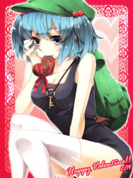 Rule 34 | 1girl, backpack, bad id, bad pixiv id, bag, blue eyes, blue hair, breasts, candy, chocolate, chocolate heart, female focus, food, food in mouth, hair bobbles, hair ornament, happy valentine, hat, heart, kawashiro nitori, key, matching hair/eyes, medium breasts, one-piece swimsuit, sayuma, school swimsuit, short hair, sitting, solo, swimsuit, thighhighs, touhou, twintails, two side up, valentine, white thighhighs