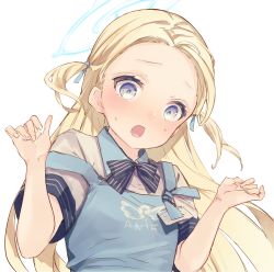 Rule 34 | 1girl, apron, aqua apron, blonde hair, blue archive, blue bow, blue bowtie, blue eyes, blush, bow, bowtie, employee uniform, enomoto nao, forehead, hair ribbon, halo, highres, id card, long hair, off shoulder, open mouth, ribbon, shirt, short sleeves, simple background, solo, sora (blue archive), sweat, two side up, uniform, upper body, very long hair, white background