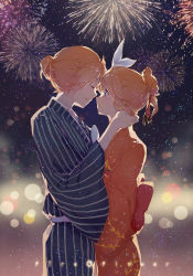 Rule 34 | 1boy, 1girl, bad id, bad pixiv id, blonde hair, blue eyes, blush, brother and sister, closed eyes, fire flower (vocaloid), fireworks, gradient background, hair ribbon, hand on another&#039;s neck, heads together, hetero, incest, japanese clothes, kagamine len, kagamine rin, kimono, kinokohime, kinokohime (mican02rl), night, night sky, parted lips, ponytail, ribbon, short hair, siblings, sky, star (sky), starry sky, striped, trap, twincest, twins, vocaloid, yukata