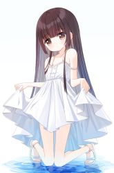 Rule 34 | 1girl, bare shoulders, blue footwear, blush, brown eyes, brown hair, closed mouth, collarbone, dress, full body, head tilt, kneeling, long hair, looking at viewer, original, reflection, ripples, sandals, skirt hold, sleeveless, sleeveless dress, solo, very long hair, water, white background, white dress, yuuhagi (amaretto-no-natsu)