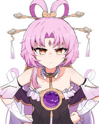 Rule 34 | 1girl, bare shoulders, breasts, chest jewel, clenched hand, closed mouth, collar, collarbone, commentary, forehead jewel, frilled collar, frills, fu xuan (honkai: star rail), hair ornament, hair rings, hair stick, hands on own hips, highres, honkai: star rail, honkai (series), long hair, looking at viewer, marin liekuriva, pink hair, pink tassel, simple background, small breasts, solo, tassel, tassel hair ornament, upper body, white background, yellow eyes