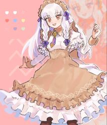 Rule 34 | 1girl, apron, braid, dress, fire emblem, fire emblem: three houses, fire emblem heroes, lysithea von ordelia, lysithea von ordelia (tea party), maid apron, maid headdress, nintendo, official alternate costume, official alternate hairstyle, ohima17, open mouth, pink background, smile, white hair