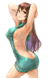 Rule 34 | 1girl, aqua dress, armpits, arms behind head, ass, backless outfit, bare legs, breasts, brown eyes, brown hair, butt crack, covered erect nipples, dress, elf, hair between eyes, highres, long hair, looking at viewer, medium breasts, meme attire, naked sweater, open mouth, original, pointy ears, sasagawa (haikaiki), sideboob, solo, sweater, thighs, virgin killer sweater