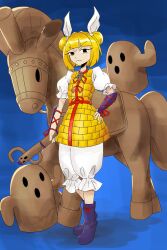 Rule 34 | 1girl, armor, armored dress, blonde hair, blue background, blueray, closed mouth, commentary, double bun, full body, hair bun, hair ribbon, haniwa (statue), highres, joutouguu mayumi, looking at viewer, purple footwear, ribbon, short hair, short sleeves, standing, theyoiy (style), touhou, v-shaped eyebrows, vambraces, white ribbon, yellow eyes