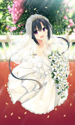 Rule 34 | 1girl, :d, bare shoulders, black hair, blush, bouquet, breasts, bridal veil, bride, collarbone, cura, detached sleeves, dress, flower, frilled dress, frills, from above, hair between eyes, hand on own chest, hand up, hayase fukami, highres, holding, holding bouquet, jewelry, light rays, long hair, long sleeves, looking at viewer, looking to the side, maitetsu, official art, open mouth, pink flower, pink rose, pleated dress, purple eyes, railing, ring, rose, see-through, sidelocks, sleeves past wrists, small breasts, smile, solo, standing, strapless, strapless dress, third-party source, twintails, veil, very long hair, wedding band, wedding dress, white dress, white flower