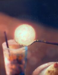 Rule 34 | absurdres, blurry, blurry background, cherry, cup, dessert, drinking straw, food, food focus, fruit, highres, moon, no humans, original, plate, saisho (qpoujr), spoon, table