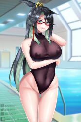 Rule 34 | 1girl, absurdres, aqua eyes, arm under breasts, black eyes, black one-piece swimsuit, blurry, blurry background, bodysuit, breasts, cloud retainer (genshin impact), colored inner hair, covered erect nipples, cowboy shot, d.d.g (ddg3420), genshin impact, glasses, gluteal fold, grin, hair ornament, highleg, highleg swimsuit, highres, indoors, large breasts, long hair, looking at viewer, mature female, multicolored hair, one-piece swimsuit, parted lips, pixiv username, ponytail, pool, red-framed eyewear, semi-rimless eyewear, smile, solo, swimsuit, thigh gap, tsurime, turtleneck, turtleneck one-piece swimsuit, under-rim eyewear, wide hips, xianyun (genshin impact)