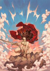 Rule 34 | 1girl, animal ear fluff, animal ears, armor, belt, bikini armor, bracelet, breasts, brown hair, cape, cloud, collarbone, commentary, english commentary, fantasy, gladiator sandals, highres, holding, holding sword, holding weapon, jewelry, large breasts, long hair, looking at viewer, navel, nrcgray, original, rabbit ears, rabbit tail, red eyes, revealing clothes, rock, sandals, solo, superhero landing, sword, tail, thigh belt, thigh strap, weapon