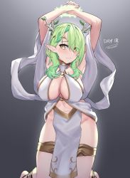 Rule 34 | 1girl, antlers, blush, bound, bound wrists, braid, braided bangs, branch, breasts, ceres fauna, cleavage, dasdokter, elf, eyes visible through hair, green hair, hair ornament, hair over eyes, highres, hololive, hololive english, horns, kneeling, large breasts, long hair, mole, mole under eye, multicolored hair, pelvic curtain, pointy ears, revealing clothes, solo, thighhighs, virtual youtuber, yellow eyes