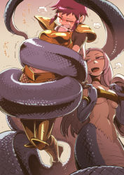Rule 34 | 2girls, abs, armor, bearclaw, blush, breasts, breath, cleavage, clenched teeth, coiled, elbow gloves, fang, gloves, gradient background, lamia, monster girl, multiple girls, navel, purple hair, ryona, shield, snake bondage, snake tail, sweat, tail, teeth, torture, underboob, wince, yuri