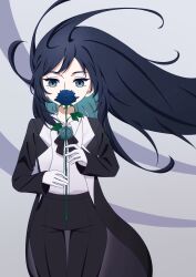 Rule 34 | 1girl, ado (utaite), black bow, black bowtie, black coat, black hair, black pants, blue eyes, blue flower, blue hair, blue rose, bow, bowtie, chando (ado), cloud nine inc, coat, collared shirt, colored inner hair, commentary, dress shirt, floating hair, flower, flower brooch, gloves, hashtag only commentary, highres, holding, holding flower, long hair, long sleeves, looking at viewer, mole, mole under eye, multicolored hair, nemmu (nono bindd), open clothes, open coat, pants, rose, shirt, solo, thigh gap, two-tone hair, utaite, white gloves, white shirt