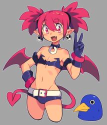 Rule 34 | 1girl, belt, black gloves, black shorts, blush, choker, demon girl, demon tail, demon wings, disgaea, earrings, etna (disgaea), fang, flat chest, gloves, jewelry, looking at viewer, navel, open mouth, pointy ears, prinny, red eyes, red hair, short hair, short shorts, short twintails, shorts, skull earrings, slammo, smile, solo, tail, twintails, v, white belt, wings