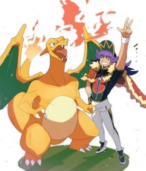Rule 34 | 1boy, arm up, baseball cap, cape, champion uniform, charizard, claws, closed eyes, commentary, creatures (company), dark-skinned male, dark skin, dynamax band, facial hair, fangs, fire, flame-tipped tail, fur-trimmed cape, fur trim, game freak, gen 1 pokemon, gloves, grass, green eyes, grin, hand on own hip, hat, highres, leggings, leon (pokemon), long hair, male focus, morio (poke orio), nintendo, open mouth, pokemon, pokemon (creature), pokemon swsh, purple hair, red cape, shield print, shirt, shoes, short shorts, short sleeves, shorts, single glove, smile, standing, sword print, symbol-only commentary, teeth, tongue, w, white background, white legwear, white shorts, white wristband, wristband