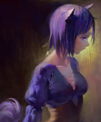 Rule 34 | 1girl, animal ears, breasts, brown background, closed mouth, collarbone, dress, facial mark, flipped hair, forehead mark, from side, frown, highres, juliet sleeves, long sleeves, looking away, medium breasts, original, profile, puffy sleeves, purple dress, purple eyes, purple hair, sad, short hair, solo, star (symbol), tail, underbust, upper body, yuket
