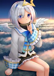 Rule 34 | 1girl, amane kanata, amane kanata (1st costume), armband, black skirt, blue hair, blue sky, blush, bob cut, closed mouth, cloud, colored inner hair, commentary, eyes visible through hair, feathered wings, feet out of frame, frilled skirt, frills, grey jacket, hair ornament, hair over one eye, halo, hand up, highres, hololive, indoors, jacket, kazenokaze, long sleeves, md5 mismatch, mini wings, multicolored hair, outdoors, plaid, purple eyes, resolution mismatch, shirt, silver hair, single hair intake, sitting, skirt, sky, smile, solo, source larger, star halo, sunrise, two-tone hair, virtual youtuber, white shirt, white wings, wings
