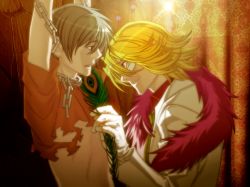 Rule 34 | 2boys, akira (togainu no chi), arbitro, blonde hair, blue eyes, bound, captured, chain, chained, chain, clothes, feathers, formal, fur, gloves, green hair, indoors, looking at another, male focus, mask, multiple boys, necktie, official art, shirt, short hair, smile, suit, teasing, teeth, tied up, togainu no chi, torn clothes, yaoi