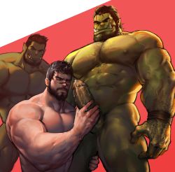 Rule 34 | 3boys, abs, bara, beard, body hair, colored skin, cum, cum on body, dragon age, dragon age 2, erection, evil grin, evil smile, facial, facial hair, fangs, green skin, grin, handjob, hawke (dragon age 2), highres, interspecies, male focus, monster, multiple boys, muscular, naughty face, nude, ogre, orc, pectorals, penis, penis grab, scar, size difference, smile, tagme, teeth, testicles, uncensored, yaoi, yy6242